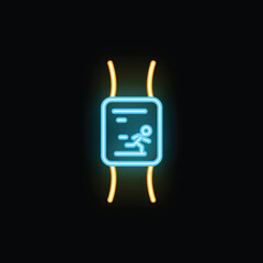 Blue and yellow neon icon of a running man on a treadmill display, symbolizing fitness tracking and weight loss progress