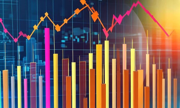 Colorful data visualization with bar and line graphs representing statistical trends.
