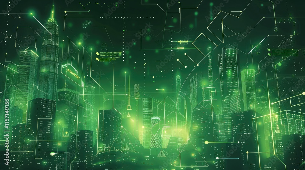 Aufkleber a neon green digital line tech city with financial graphs and data charts in the city background.