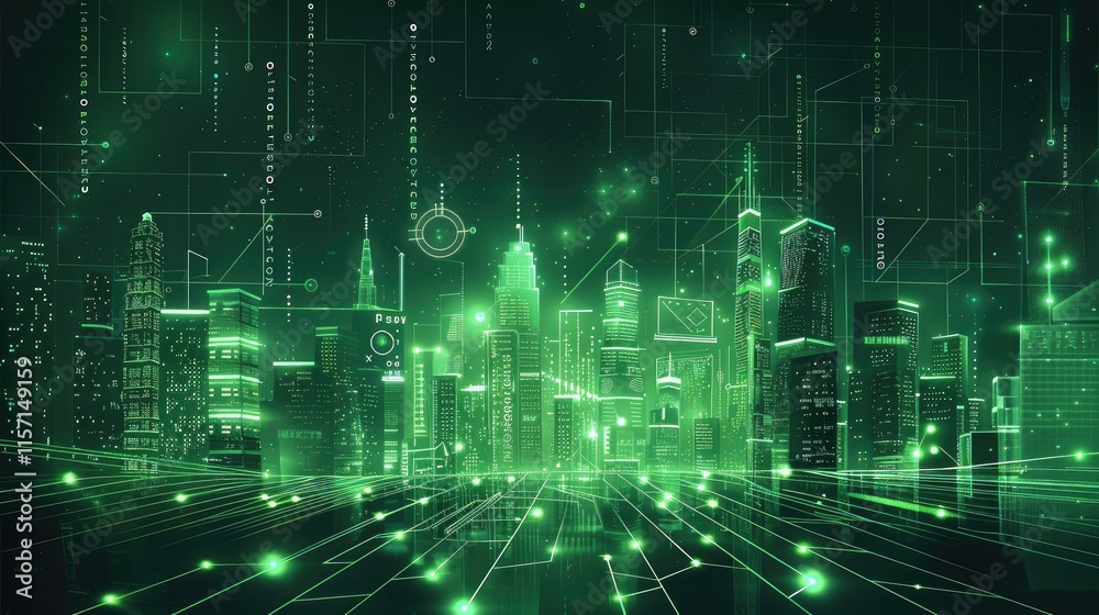 Poster a neon green digital line tech city with financial graphs and data charts in the city background.