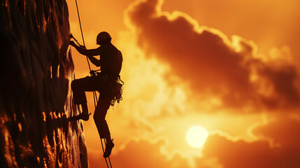 Rock climber silhouetted against sunset sky