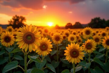 Obraz premium Sun-kissed sunflowers bathed in the last rays of a breathtaking sunset , beauty, twilight