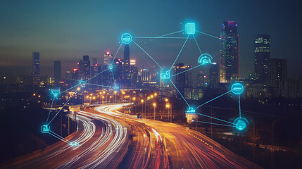 Fototapeta premium Smart digital Innovation city with connection network reciprocity over the cityscape. of future smart wireless digital city and social media networking systems that connects people with in city