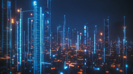 Fototapeta premium Smart digital Innovation city with connection network reciprocity over the cityscape. of future smart wireless digital city and social media networking systems that connects people with in city