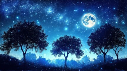 A Magical Night: Trees Under a Starry Sky with a Bright Moon