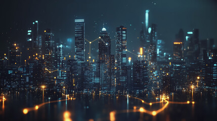 Obraz premium Smart digital Innovation city with connection network reciprocity over the cityscape. of future smart wireless digital city and social media networking systems that connects people with in city