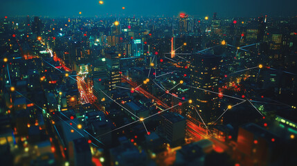 Smart digital Innovation city with connection network reciprocity over the cityscape. of future smart wireless digital city and social media networking systems that connects people with in city