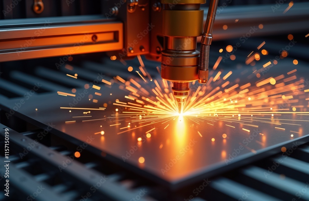 Poster Advanced CNC laser welding machine precisely cuts metal sheet. High-speed automated process creates sparks. Industrial workplace shows precision, skill in metalwork. Modern manufacturing facility