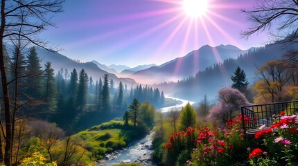 Spring Forest Mountain River in Sunlight