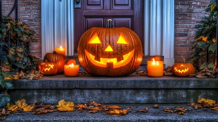 Obraz premium Charming Halloween doorway with glowing jack-o'-lanterns, candles, and seasonal decorations in an autumn ambiance.