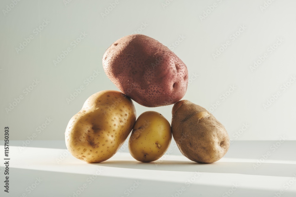 Poster Four potatoes of different colors and shapes arranged in a triangular formation.