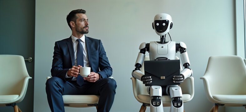 Businessman, AI robot sit in waiting room for job interview. Man holds coffee cup, stares thoughtfully. Robot holds briefcase. Futuristic scene represents future employment challenges, competition.