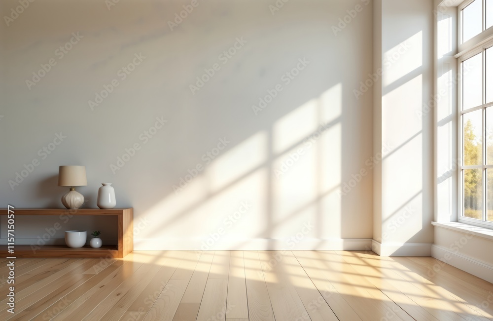 Poster empty room with sunlight casting shadows on light walls, wooden floor. large window lets in natural 