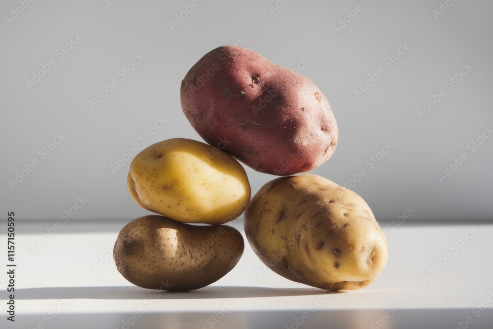 Poster A stack of four potatoes in different colors and sizes, illuminated by sunlight.