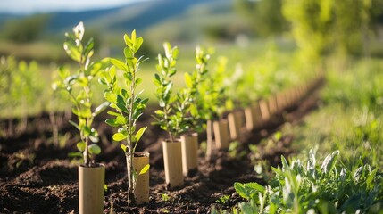 Tree saplings lined up for a planting event in a community park