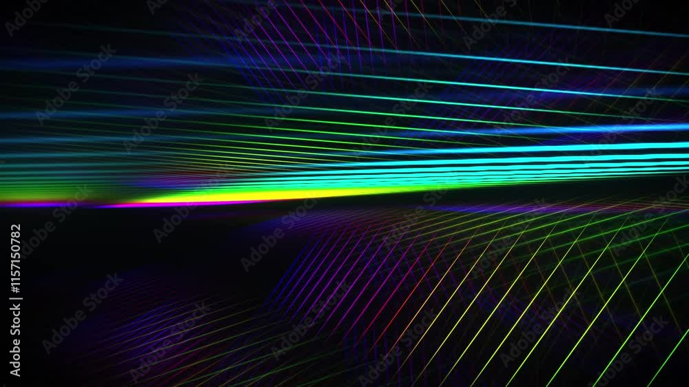 Poster rainbow lights dark futuristic background animation, laser beam abstract motion graphics