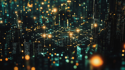 Obraz premium Smart digital Innovation city with connection network reciprocity over the cityscape. of future smart wireless digital city and social media networking systems that connects people with in city