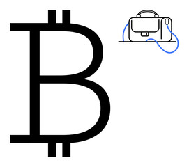 Large Bitcoin symbol with a small briefcase with a wire connected to it. Ideal for cryptocurrency, finance, digital wallets, online transactions, investments, fintech, and technology. Line metaphor