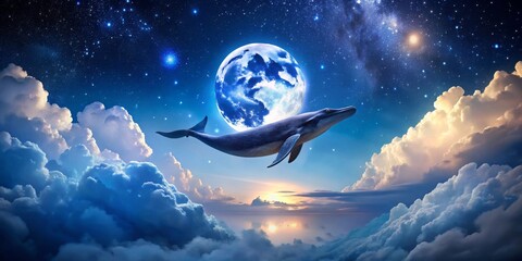 Celestial Whale: Night Sky, Moonlit Ocean, Magical Creature, Dreamlike Painting