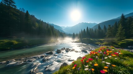 Spring Forest Mountain River in Sunlight