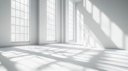 Sunlight shines through the window into the white minimalist interior space