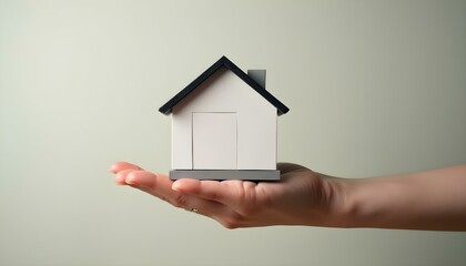 Mano sosteniendo una casa modelo para campaña de préstamos para vivienda sobre fondo sencillo