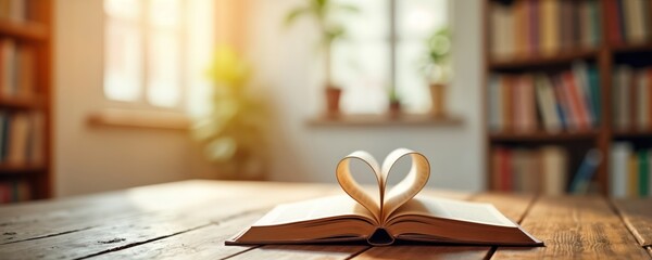 Open book forms heart shape on wooden table in library. Cozy library ambiance with sunlight filtering through window. Vintage style evokes love of reading, education. February romance concept. Study