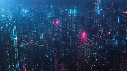 Fototapeta premium Smart digital Innovation city with connection network reciprocity over the cityscape. of future smart wireless digital city and social media networking systems that connects people with in city