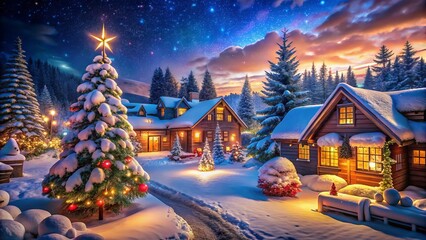 Christmas Night Worm's Eye View: Magical Festive Scene, Illuminated Houses, Snowy Ground
