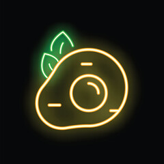 Glowing neon illustration featuring half an avocado with its seed, adorned with leaves, against a dark background