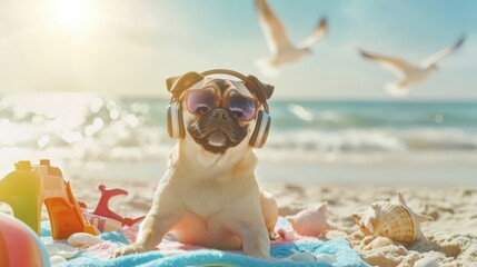 Cool pug on the beach wearing sunglasses and headphones. Fun, sunny day with seagulls flying above. Perfect summer vibe for pet lovers.