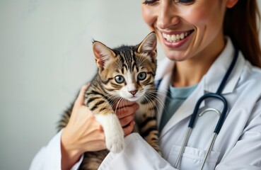 Friendly vet holds tabby kitten. Woman veterinarian smiles at kitten with love. Veterinary clinic environment. Kitten in good hands. Medical checkup. Care, love for animals. Woman happy, smiling.