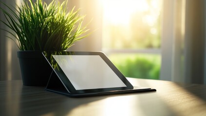 Fototapeta premium Tablet Display Sunlight Green Plant Wooden Desk Background