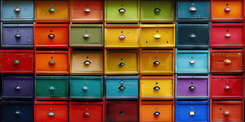Grid of Multicolored Drawers with Metal Handles