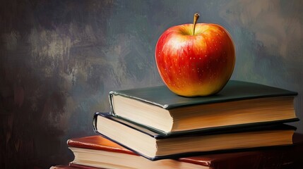 Apple on Top of Books Symbolizing Educational Inspiration and Importance for Students, Photo-Realistic Artistic Style, Ideal for Academic and Motivational Themes