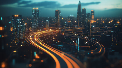 Fototapeta premium Smart digital Innovation city with connection network reciprocity over the cityscape. of future smart wireless digital city and social media networking systems that connects people with in city