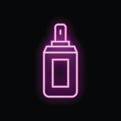 Neon sign depicting a cosmetic product with a pump dispenser, glowing in vibrant pink against a dark backdrop