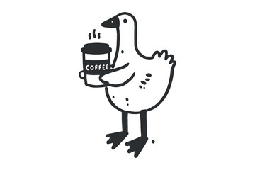  Cute funny goose holding a coffee cup, minimalistic hand drawn art