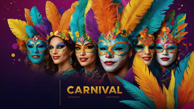 Cartel de Carnaval con chicas disfrazadas con antifaces de plumas en un fondo p&uacute;rpura. Fondo de fiesta para Carnaval