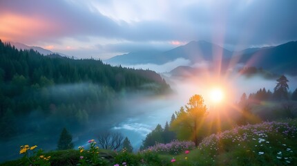 Spring Forest Mountain River in Sunlight