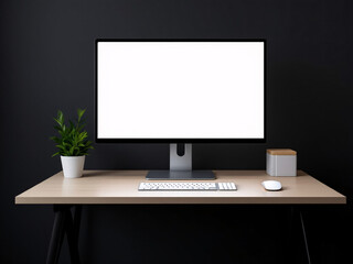 Modern computer setup on wooden desk against black background. 