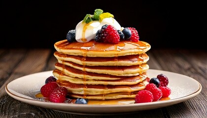 A towering stack of fluffy pancakes drizzled with maple syrup and topped with fresh berries