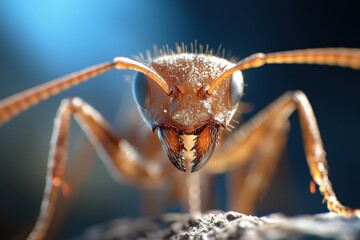 This close-up photograph showcases an ant, highlighting its intricate facial features, antennae, and mandibles under striking lighting that accentuates its texture.