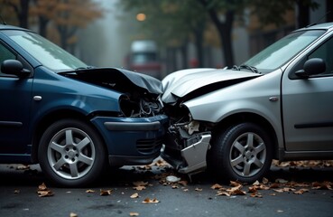 Fototapeta premium Two cars collided head-on on city street. Severe damage visible to both vehicles front ends. Cars badly damaged. Accident scene on city street. Leaves on wet asphalt. Possible traffic violation