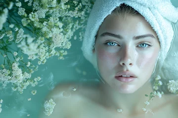 Fotobehang Serene beauty portrait aquatic spa high-detail photography relaxing environment close-up view © mhdws