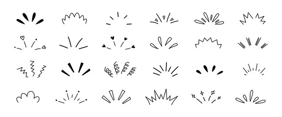 Doodle shine sunburst sparkle ray elements. Hand drawn pop surprise line frame for title headline illustration. Doodle vector illustration.