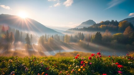 Spring Forest Mountain River in Sunlight