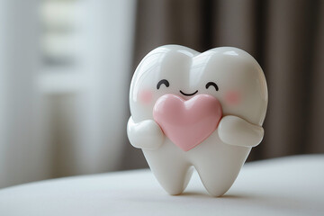 Happy tooth character holding heart dental care concept indoor playful cheerful design