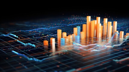 A 3D illustration of interconnected AI symbols and digital data streams representing big data analytics, featuring bar graphs, pie charts