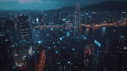Smart digital Innovation city with connection network reciprocity over the cityscape. of future smart wireless digital city and social media networking systems that connects people with in city